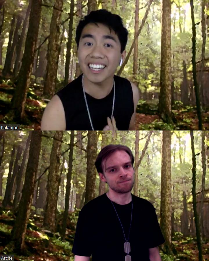 Two actors performing in a virtual forest in The Two Noble Kinsmen.