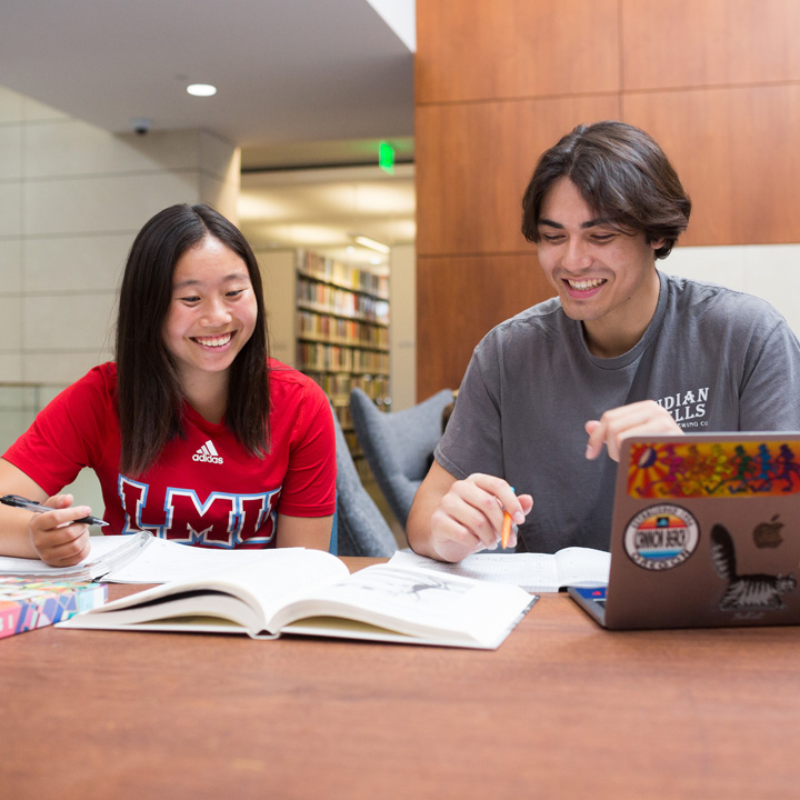 Two students working on an assignment at Hannon Library.