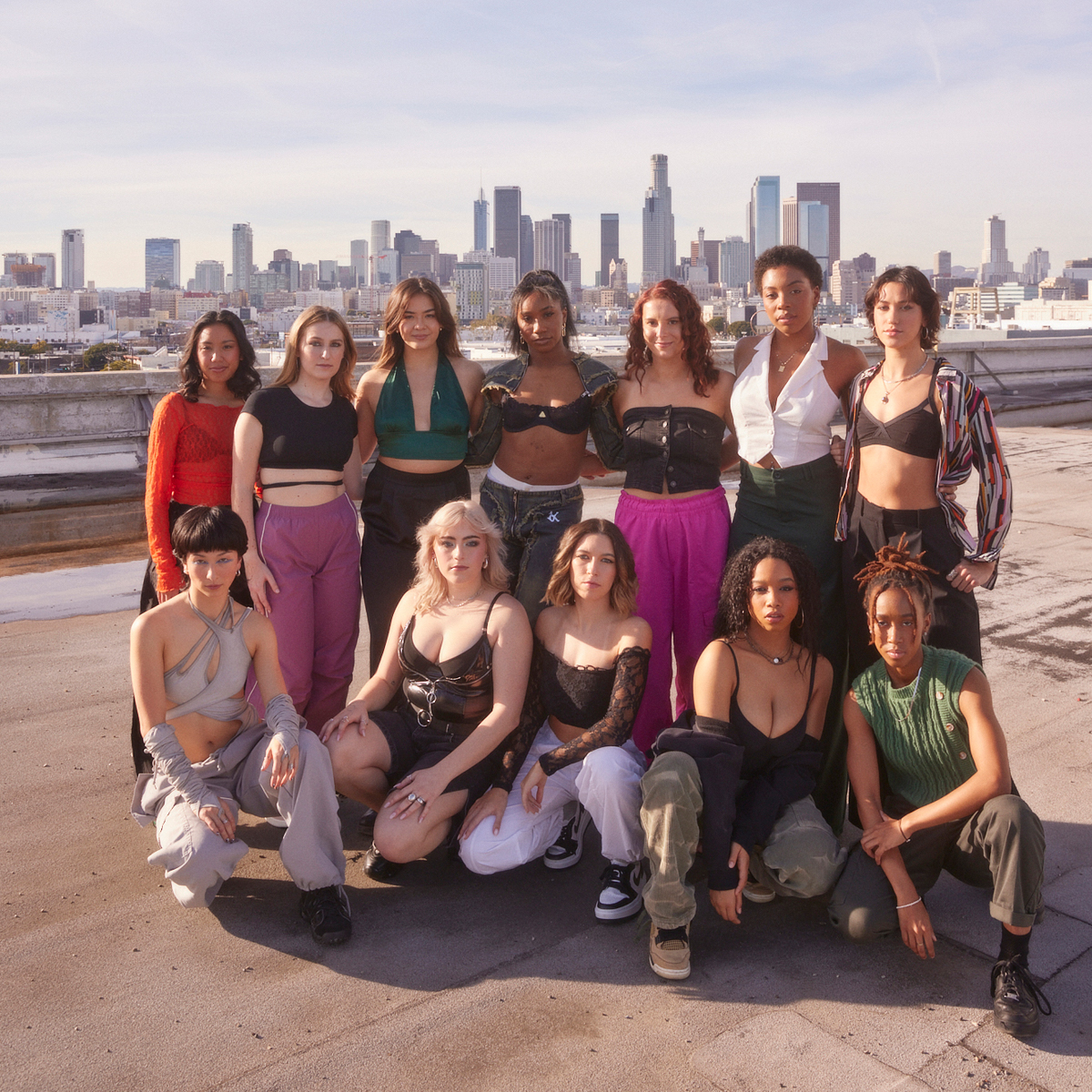 Group photo of dancers on a rooftop near Downtown LA.