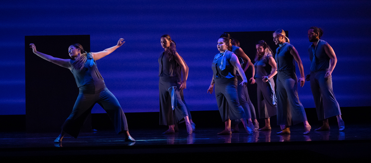 Dancers perform onstage at the 2021 Fall Faculty Concert.