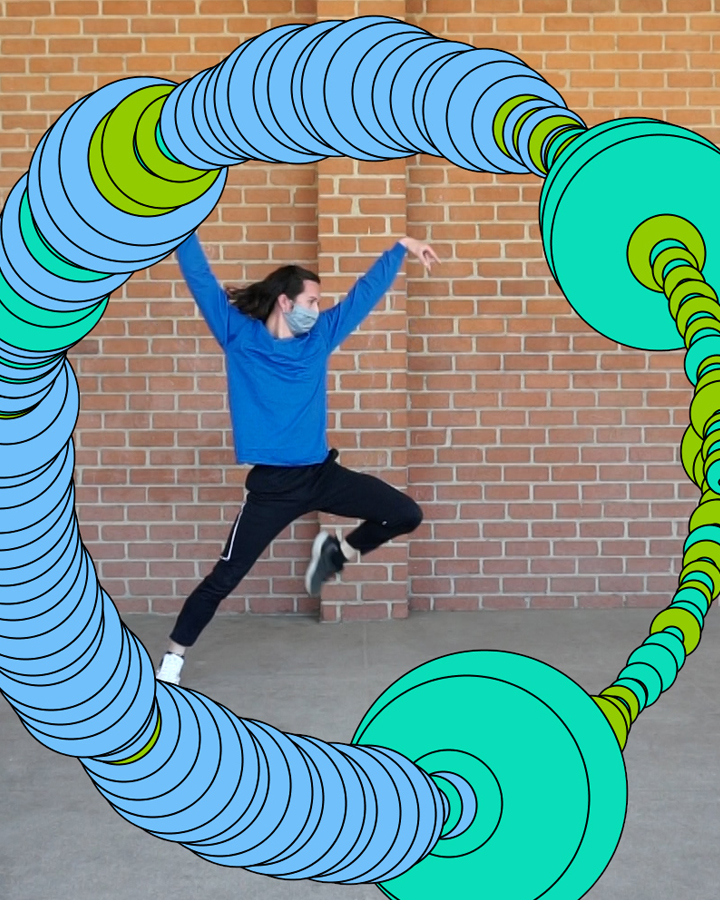 A dancer perfoms in front of a brick wall, with animated shapes overlaid.
