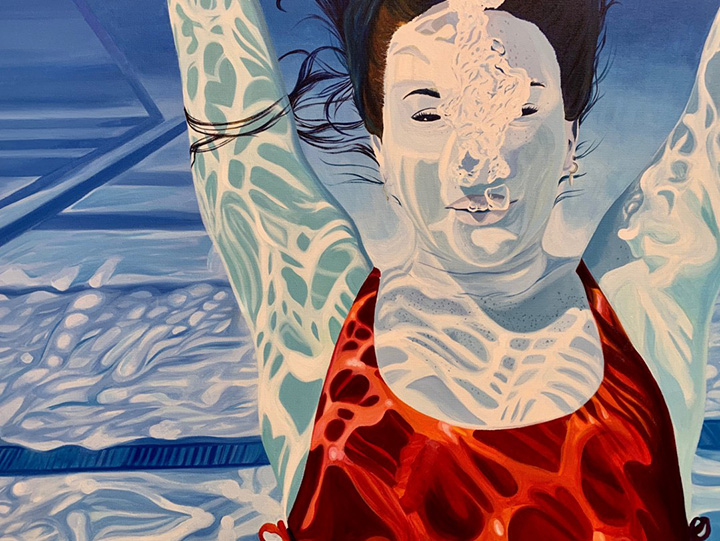 Painting of a person under water in a pool