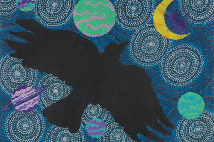 a black bird over a blue sky with a yellow moon and sprayed colors around.