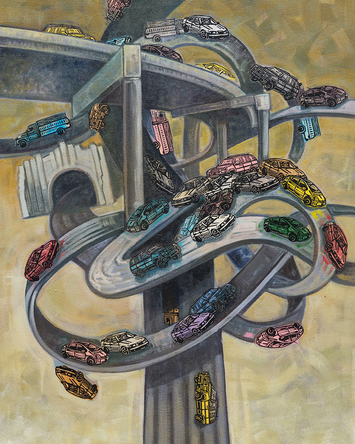 Painting depicting a twisted freeway