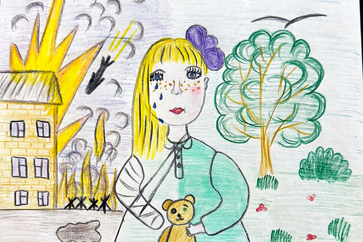An art piece depicting a young girl, half of her is sad with images of war in the background, and the other half is happy with trees in the background