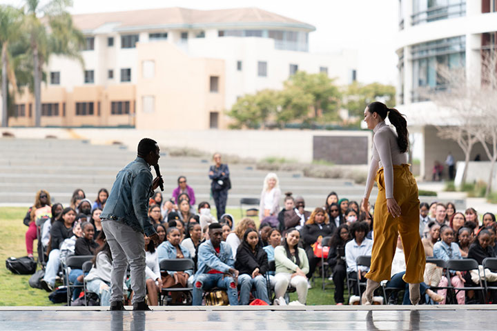 Former LMU prof. Bernard Brown and 2023 grad Sydney Latimer conducting lecture-demonstration for LAUSD at LMU Day 2023 for Community Dance Project