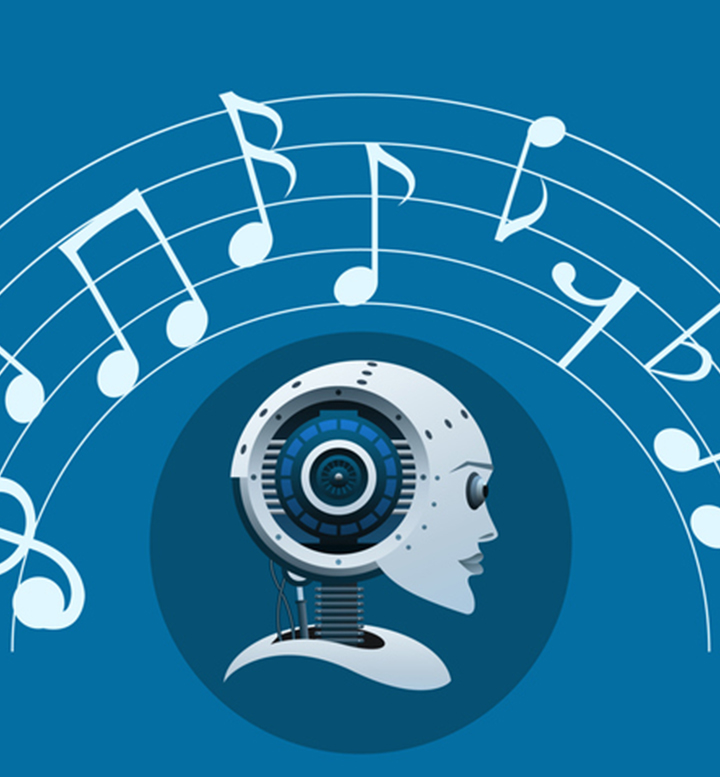 Robot Head with Music Notes Above