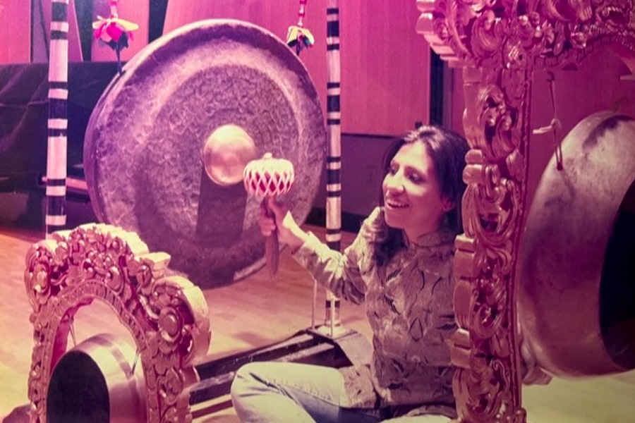A musician playing the gamelan.