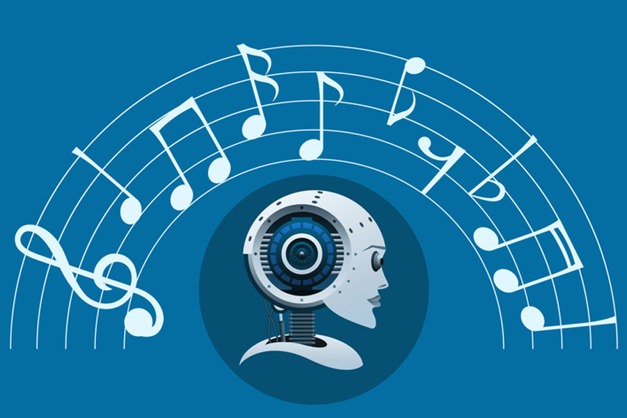 Vector graphics showing music notes floating above a robot.