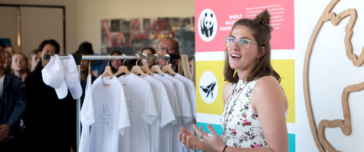 A student gives her presentation at the 2019 Graphic Design Senior Exhibition.
