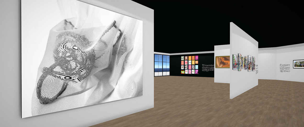 Screenshot of the 2021 Fine Arts Senior Exhibition virtual gallery space.