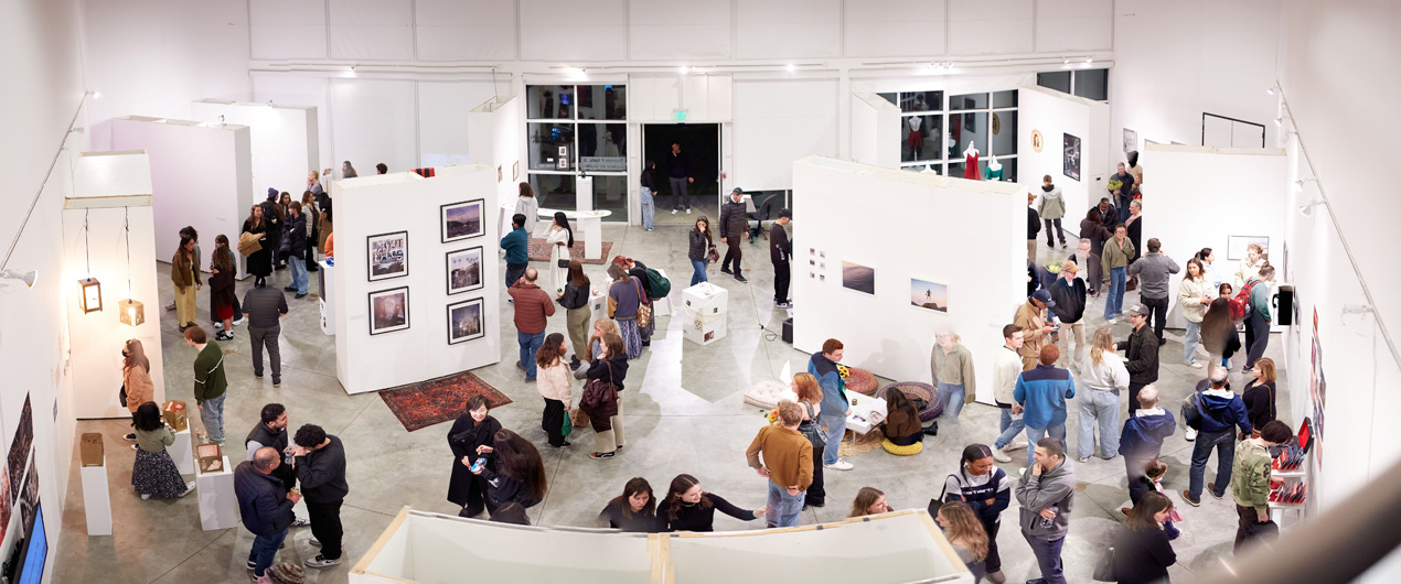 Overhead view of the 2023 Design Senior Thesis Exhibition.