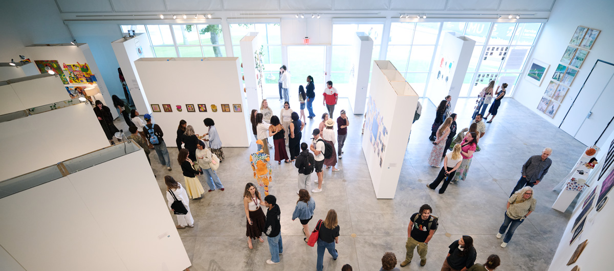 Overhead view of the student gallery during the 2026 Fine Arts Senior Exhibition.
