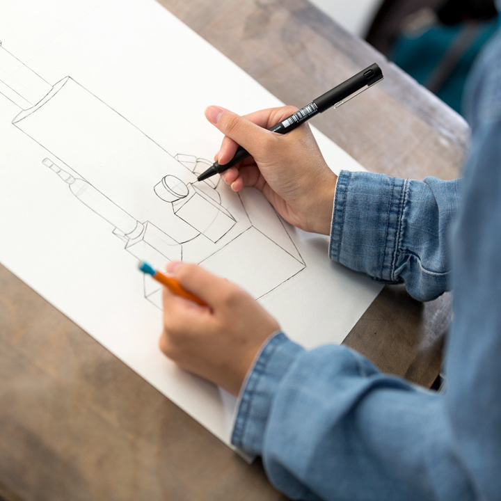 A student drawing still life objects in a drawing class.