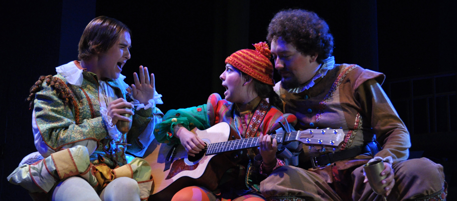 Three people performing in Twelth Night.