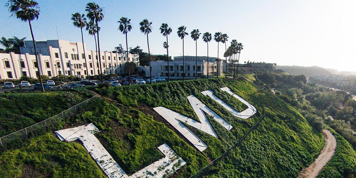 LMU letters on the bluff with palm trees.