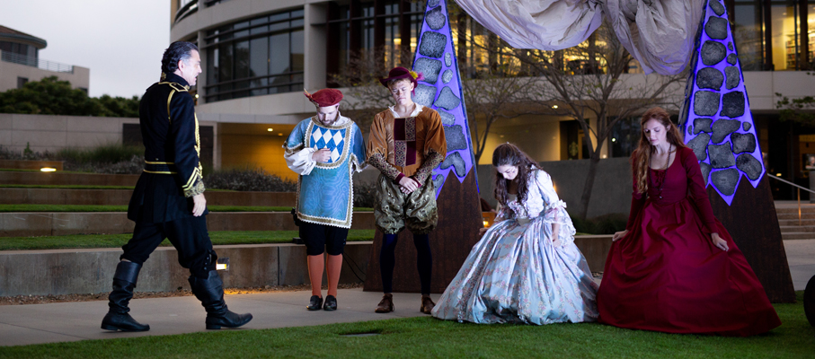 Actors performing in a production of As You Like It, in Lawton Plaza.