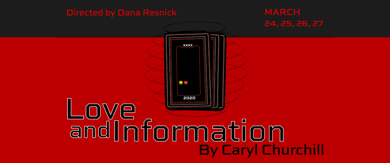 Poster for Love and Information, showing a mobile device on a red background.