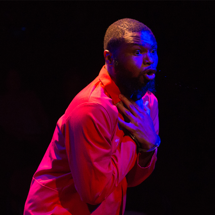 A student acting in the New Works Festival.