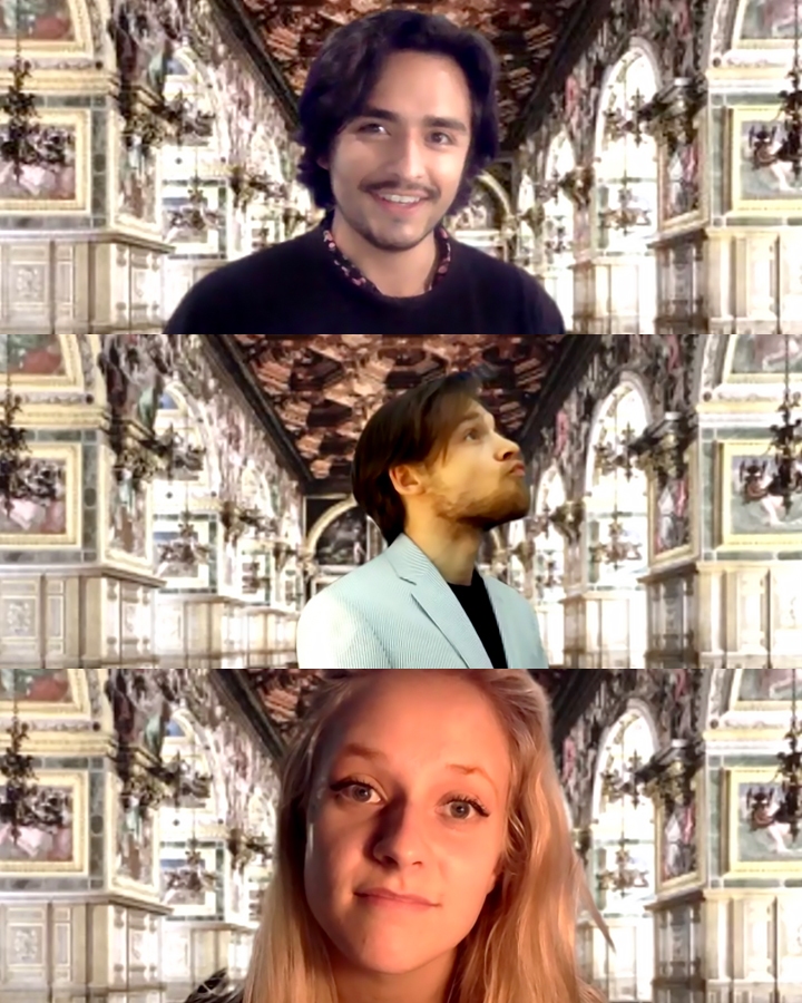 Three actors performing in a virtual ornate building in All's Well That Ends Well.