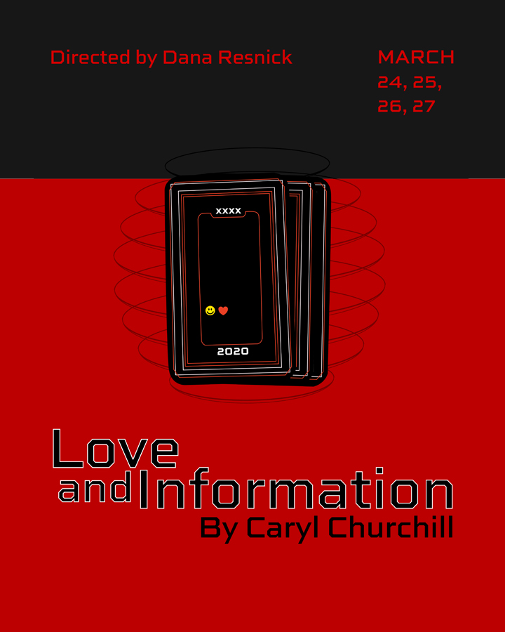 Poster for Love and Information, showing a mobile device on a red background.