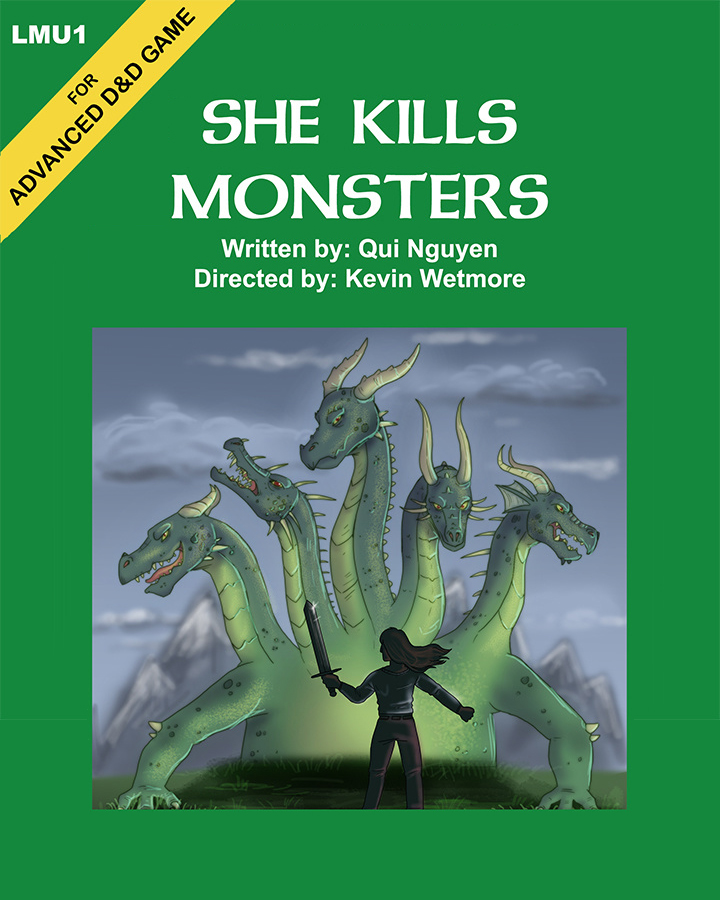 Poster for She Kills Monsters, showing an illustrated dragon and character on a role-playing game book cover.