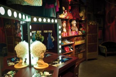 A dressing room with wigs